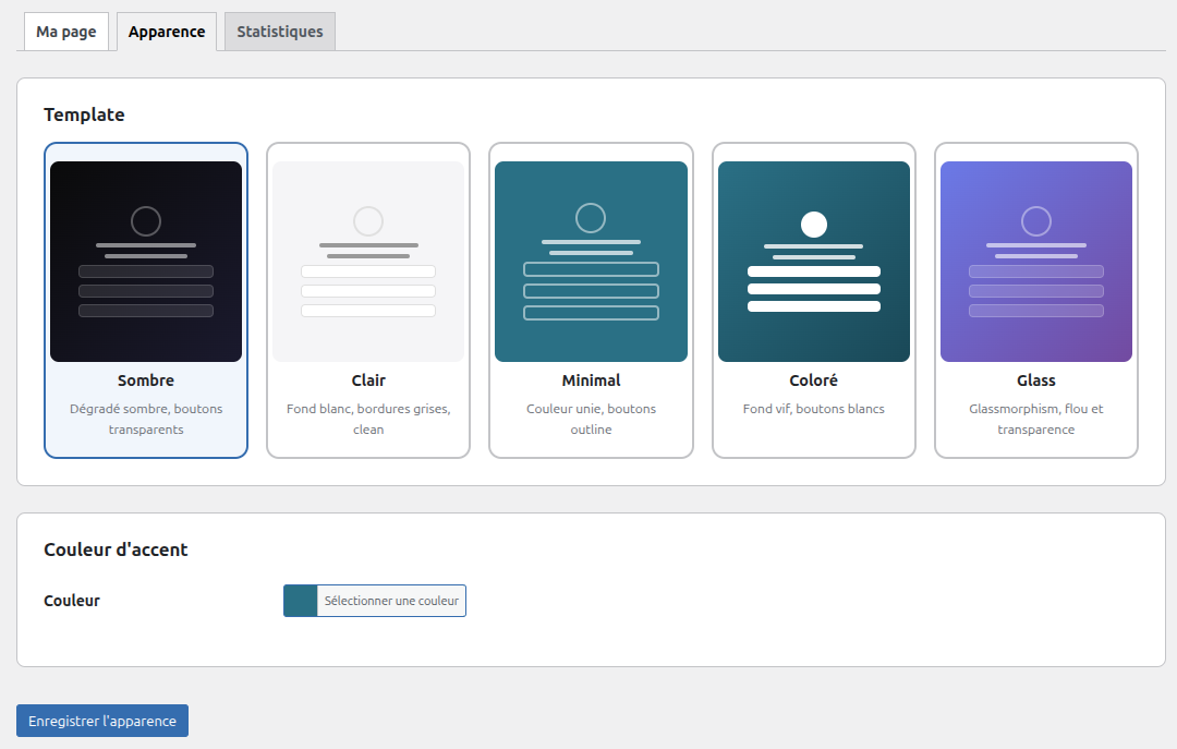 Grille de sélection des 5 templates visuels dans l'admin BioLinks
